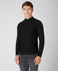 Remus Uomo Black Long Sleeve Polo 3 Button Polo Shirt