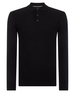 Remus Uomo Black Long Sleeve Polo 3 Button Polo Shirt