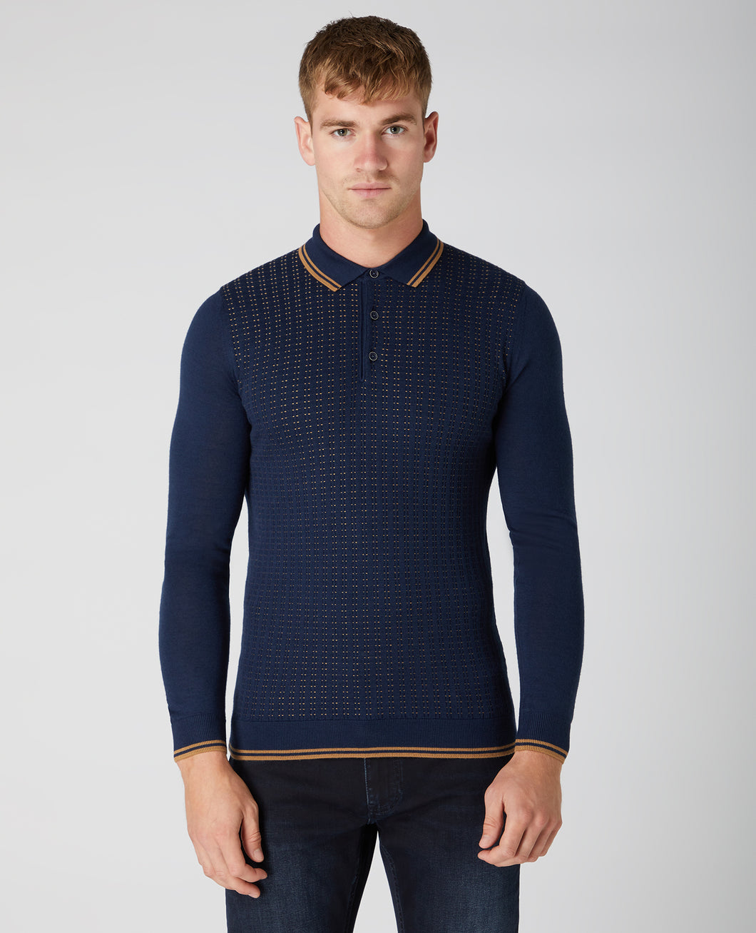 Remus Uomo Dark Blue Long Sleeve Polo 3 Button Polo Shirt