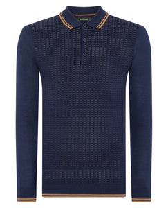 Remus Uomo Dark Blue Long Sleeve Polo 3 Button Polo Shirt