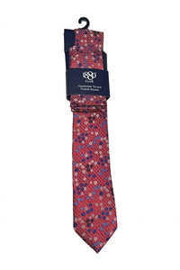 Boys Floral Grid Tie and Pocket Square Set - Raspberry Red YP4754/67